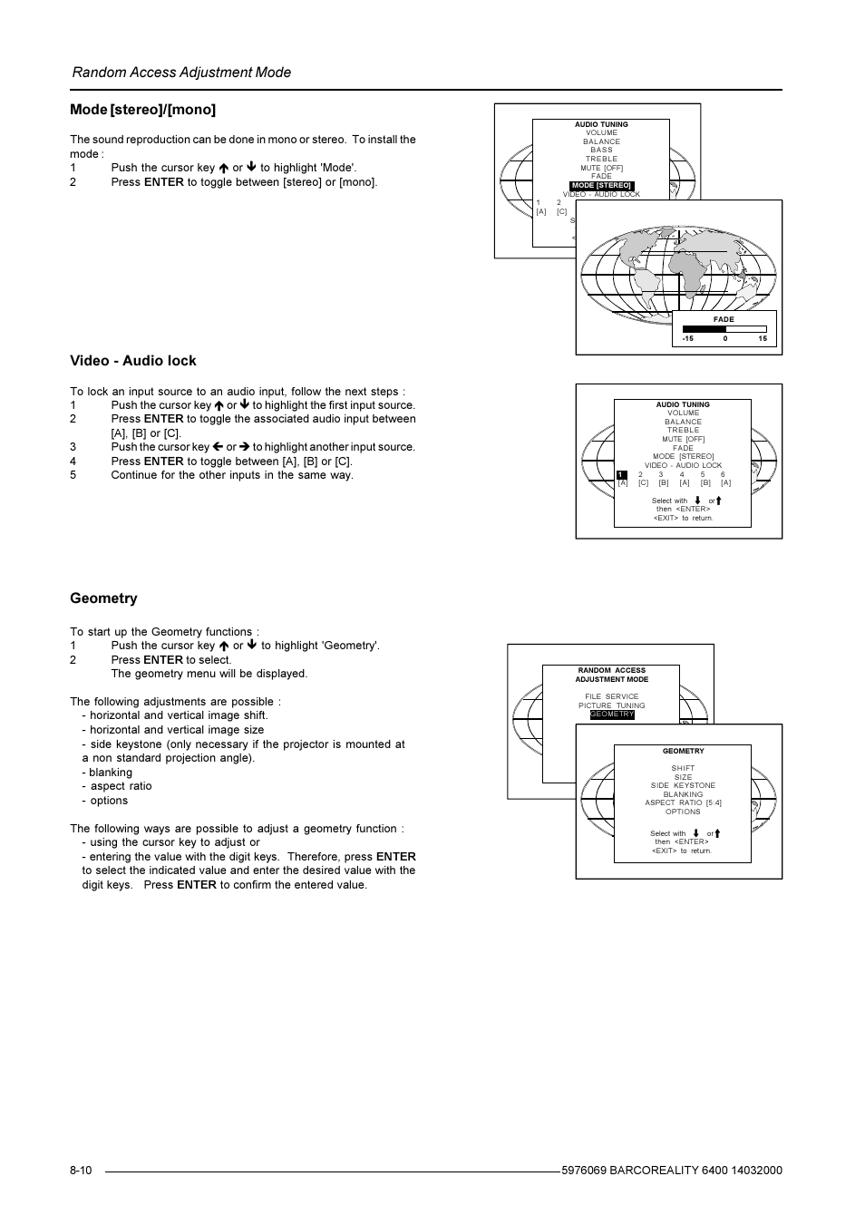 Random access adjustment mode, Geometry, Mode [stereo]/[mono | Video - audio lock | Barco R9001769 User Manual | Page 37 / 57