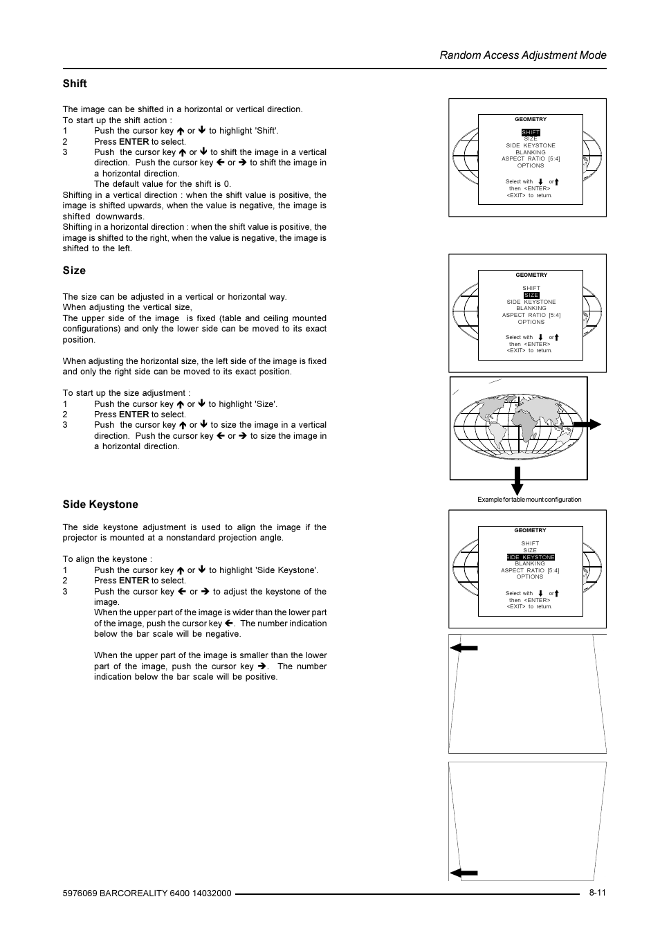 Random access adjustment mode, Shift, Size | Side keystone | Barco R9001769 User Manual | Page 38 / 57