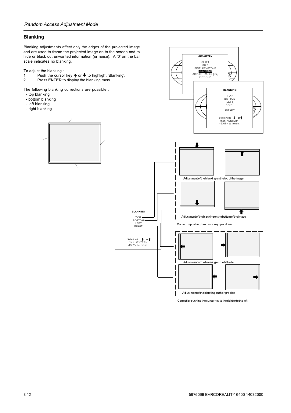 Random access adjustment mode, Blanking | Barco R9001769 User Manual | Page 39 / 57