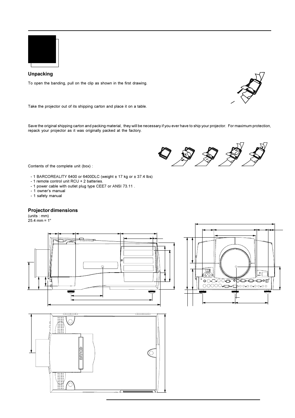 Unpacking and dimensions | Barco R9001769 User Manual | Page 4 / 57