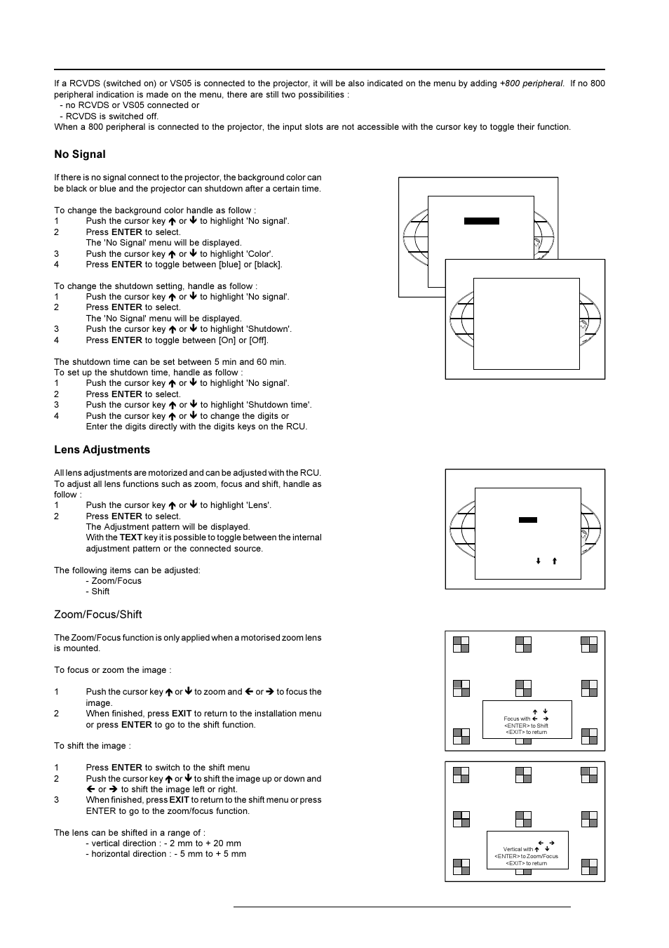 Installation mode, No signal, Lens adjustments | Zoom/focus/shift | Barco R9001769 User Manual | Page 42 / 57