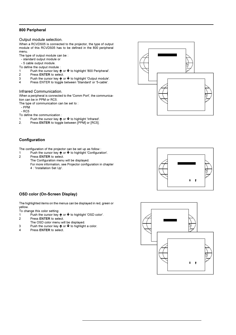 Installation mode, 800 peripheral output module selection, Infrared communication | Osd color (on-screen display), Configuration | Barco R9001769 User Manual | Page 44 / 57