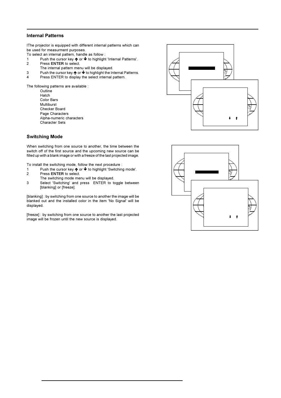 Installation mode, Internal patterns, Switching mode | Barco R9001769 User Manual | Page 45 / 57