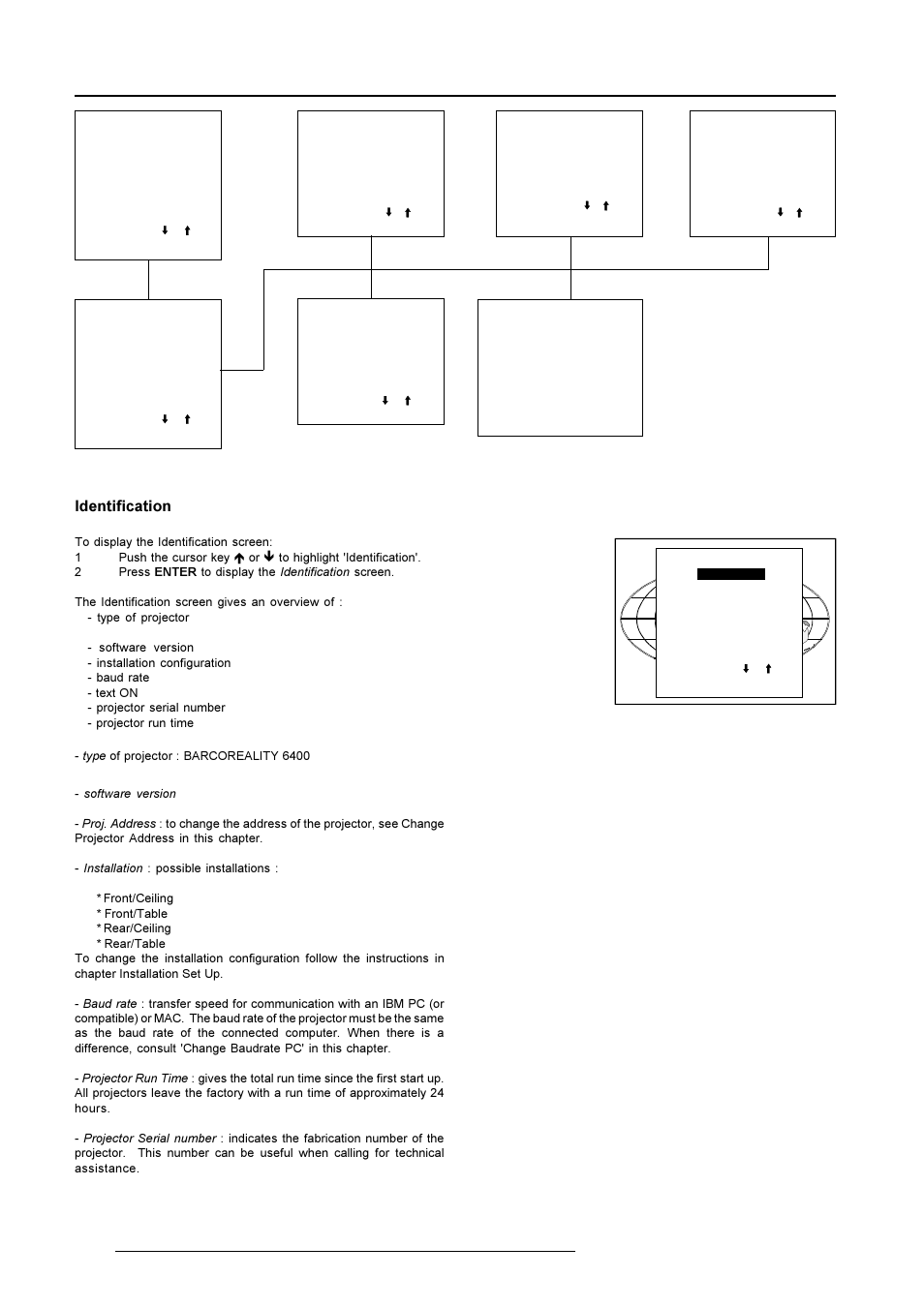 Service mode, Identification | Barco R9001769 User Manual | Page 47 / 57