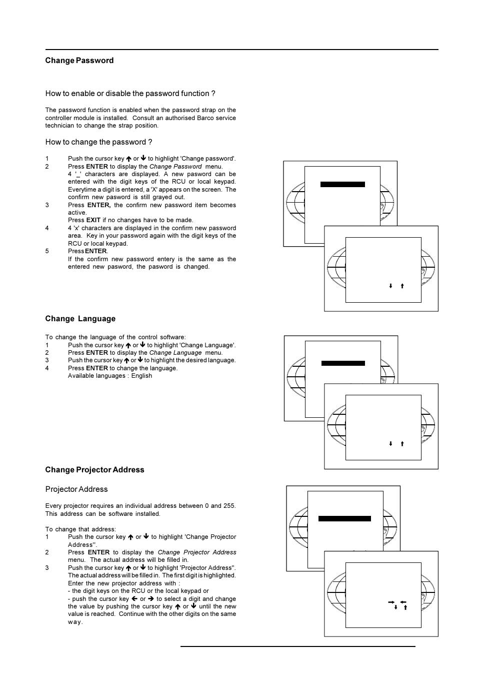 Service mode, Change password, How to enable or disable the password function | How to change the password, Change language, Change projector address projector address | Barco R9001769 User Manual | Page 48 / 57