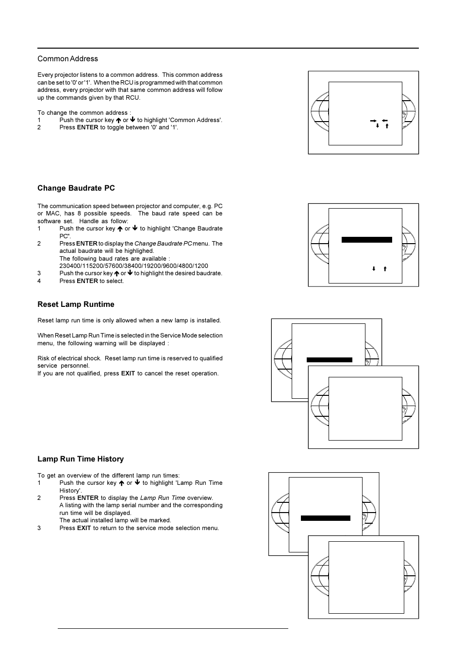 Service mode, Change baudrate pc, Reset lamp runtime | Lamp run time history, Common address | Barco R9001769 User Manual | Page 49 / 57