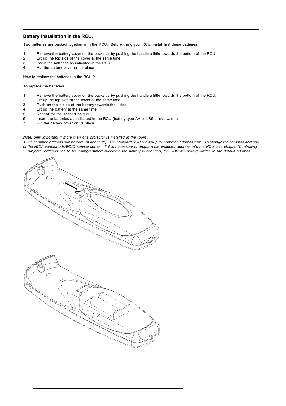 Unpacking and dimensions, Battery installation in the rcu | Barco R9001769 User Manual | Page 5 / 57