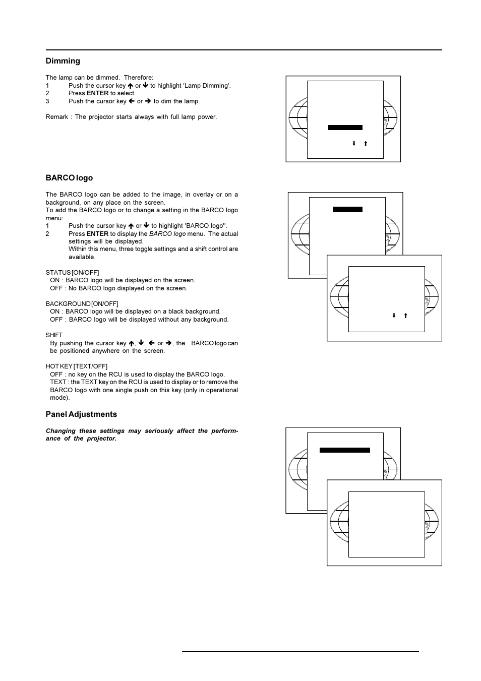 Service mode, Dimming, Barco logo | Panel adjustments | Barco R9001769 User Manual | Page 50 / 57