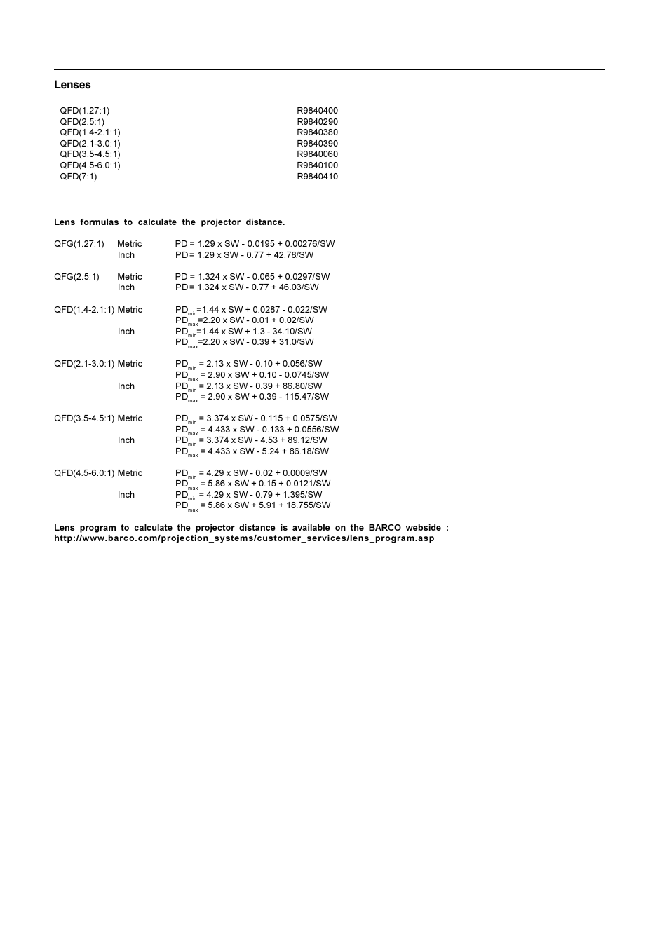 Lenses | Barco R9001769 User Manual | Page 55 / 57