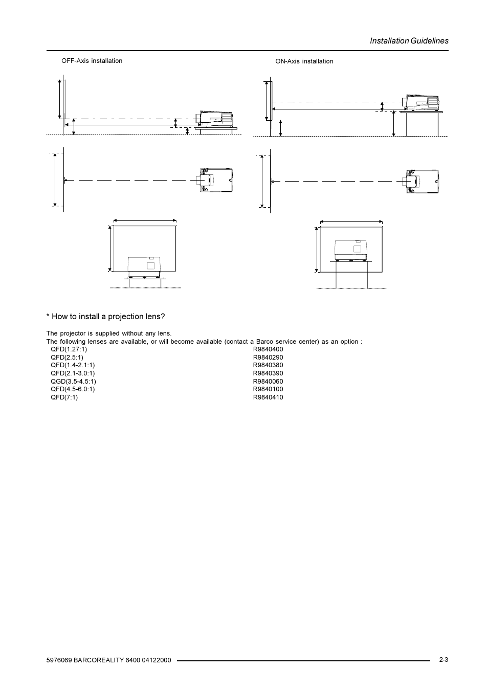 Installation guidelines, How to install a projection lens | Barco R9001769 User Manual | Page 8 / 57