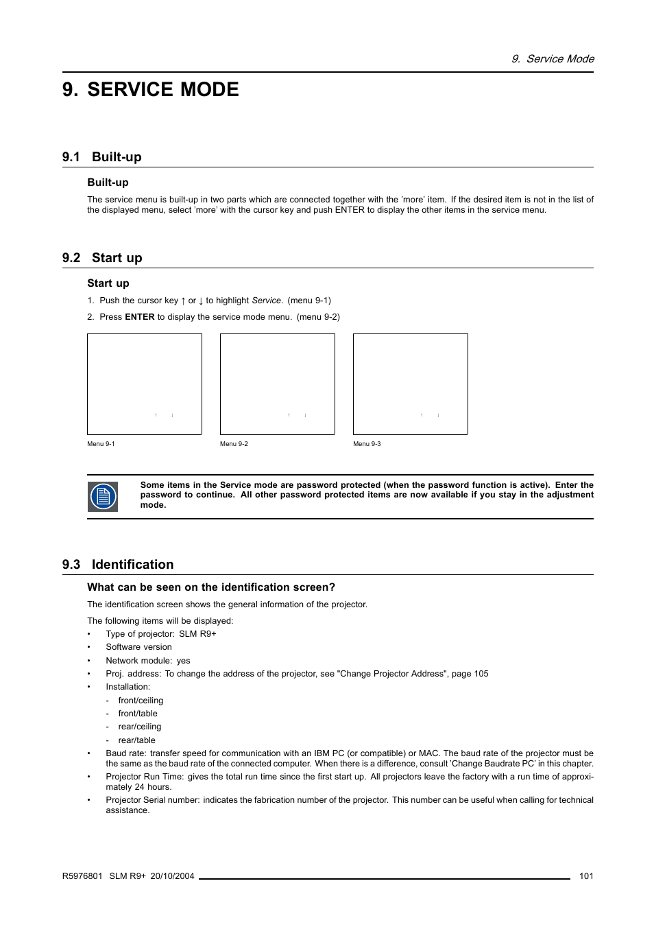 Service mode, 1 built-up, 2 start up | 3 identification, Built-up, Start up, Identification, What can be seen on the identification screen | Barco R9010310 User Manual | Page 105 / 135