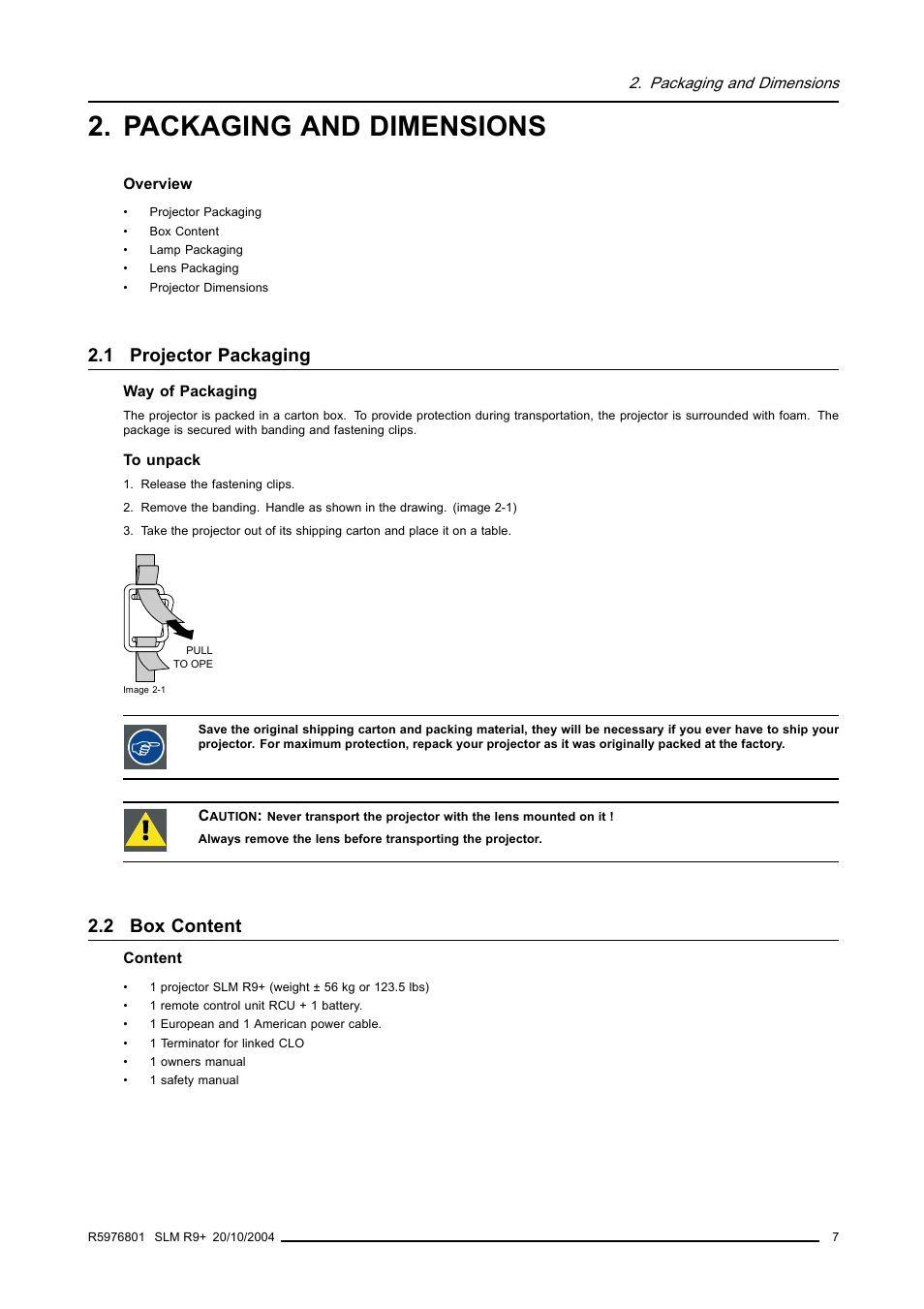 Packaging and dimensions, 1 projector packaging, 2 box content | Projector packaging, Box content | Barco R9010310 User Manual | Page 11 / 135