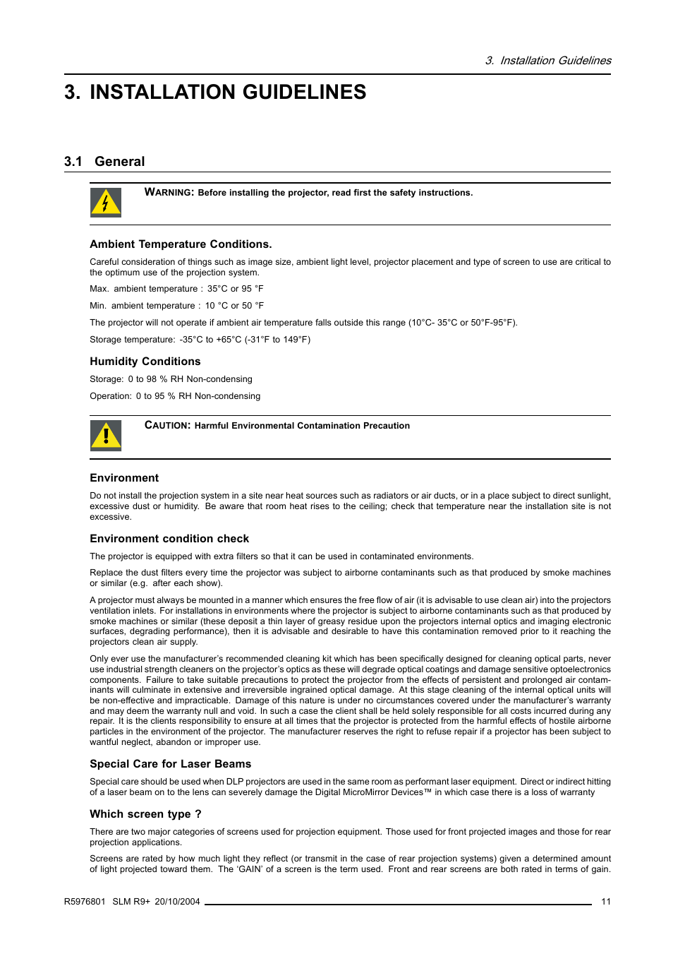 Installation guidelines, 1 general, General | Barco R9010310 User Manual | Page 15 / 135