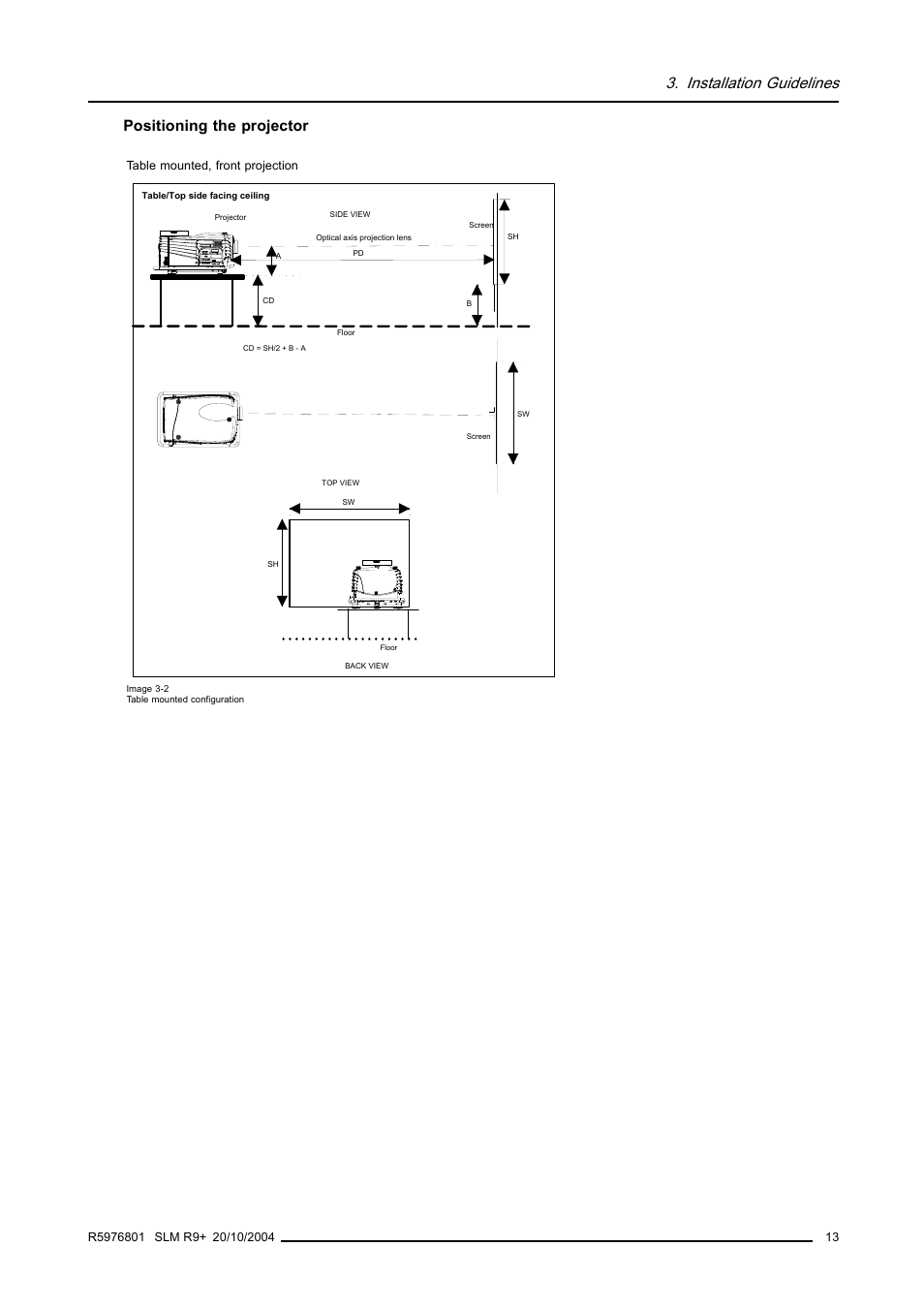 Installation guidelines, Positioning the projector | Barco R9010310 User Manual | Page 17 / 135