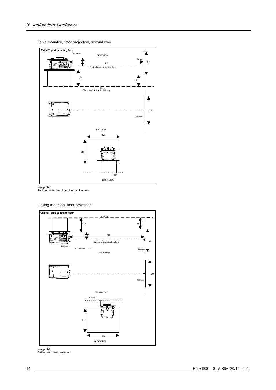 Installation guidelines, Table mounted, front projection, second way, Ceiling mounted, front projection | Barco R9010310 User Manual | Page 18 / 135