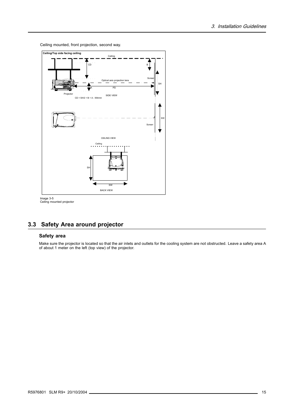 3 safety area around projector, Safety area around projector, Installation guidelines | Safety area | Barco R9010310 User Manual | Page 19 / 135