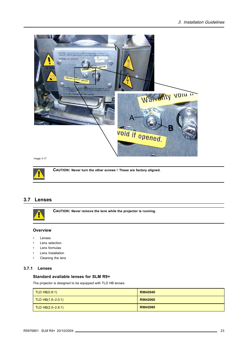 7 lenses, 1 lenses, Lenses | Image 3-17)on, Image 3-17)with | Barco R9010310 User Manual | Page 27 / 135