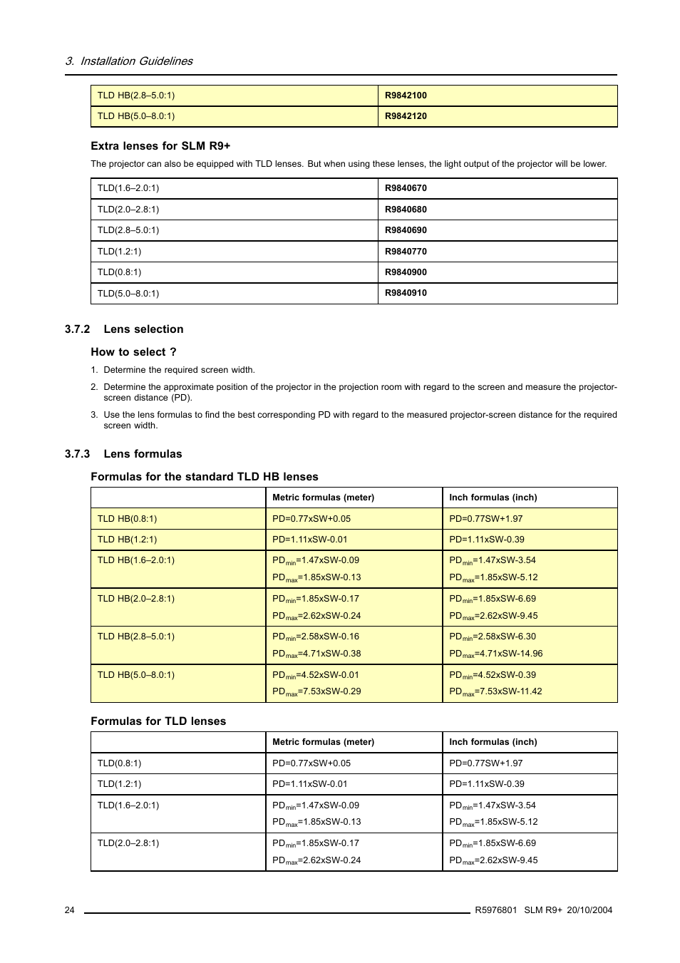 2 lens selection, 3 lens formulas, Lens selection | Lens formulas, Installation guidelines, Extra lenses for slm r9, 2 lens selection how to select, Formulas for tld lenses | Barco R9010310 User Manual | Page 28 / 135