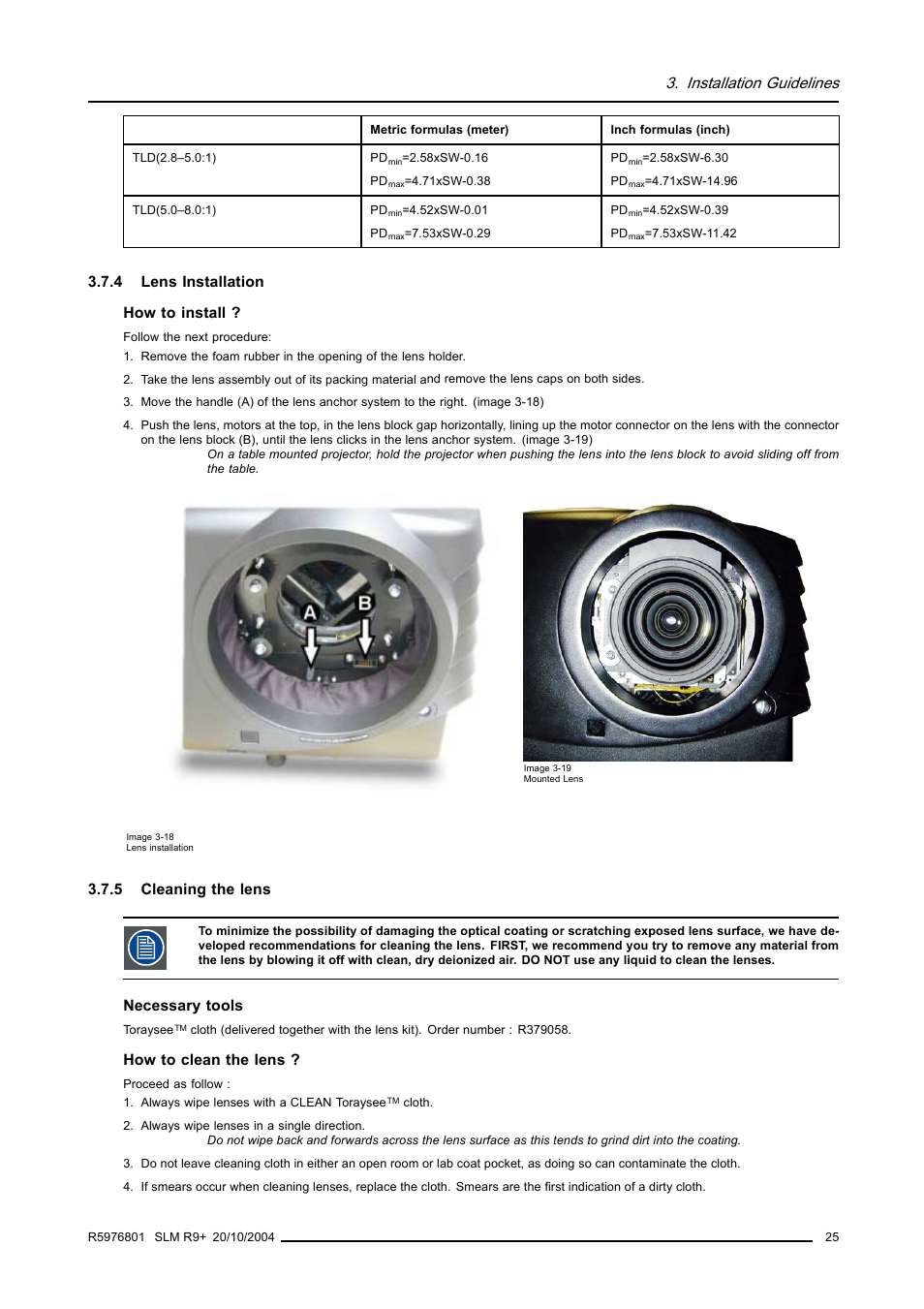 4 lens installation, 5 cleaning the lens, Lens installation | Cleaning the lens, Installation guidelines | Barco R9010310 User Manual | Page 29 / 135