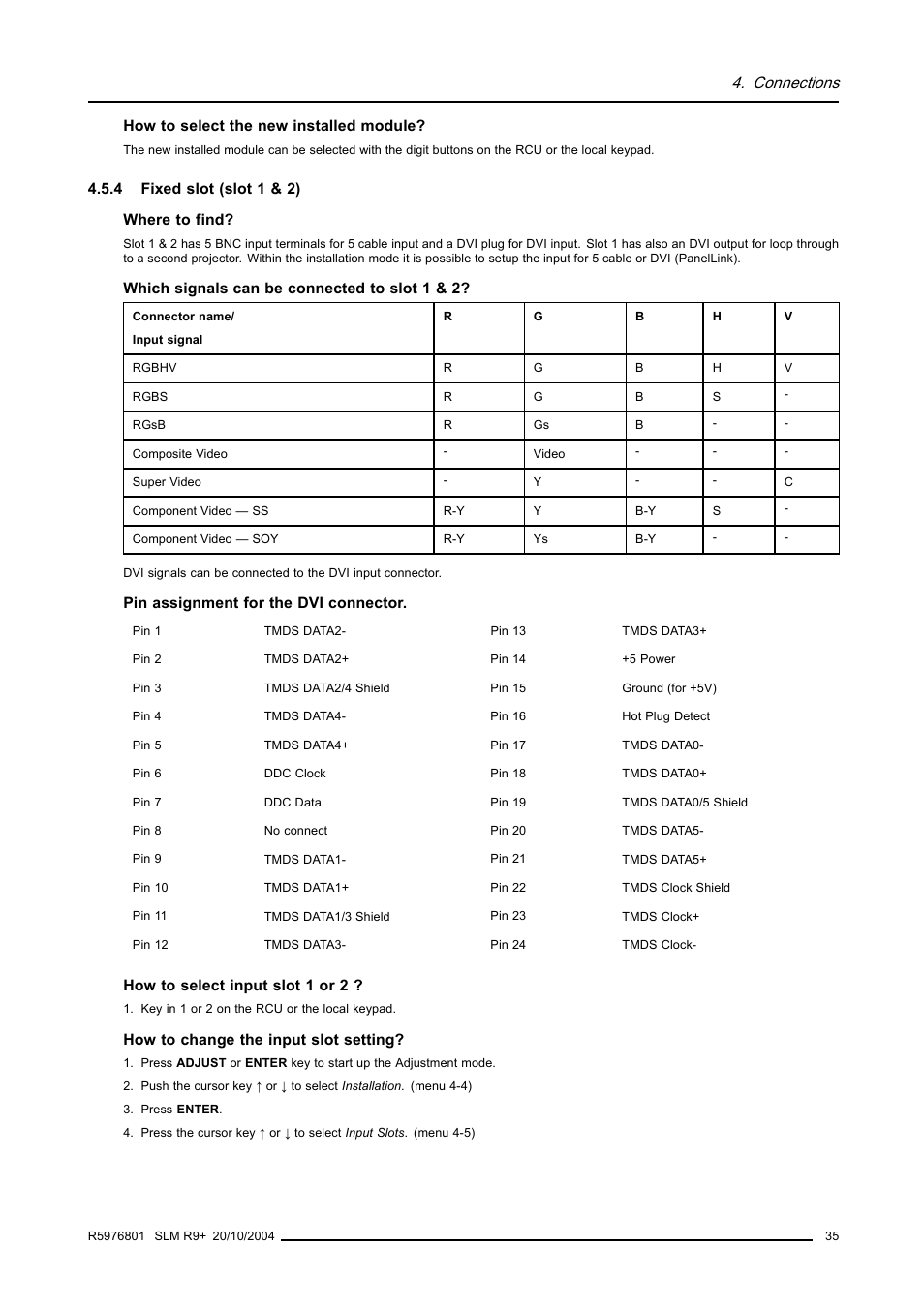 4 fixed slot (slot 1 & 2), Fixed slot (slot 1 & 2), Connections | Barco R9010310 User Manual | Page 39 / 135