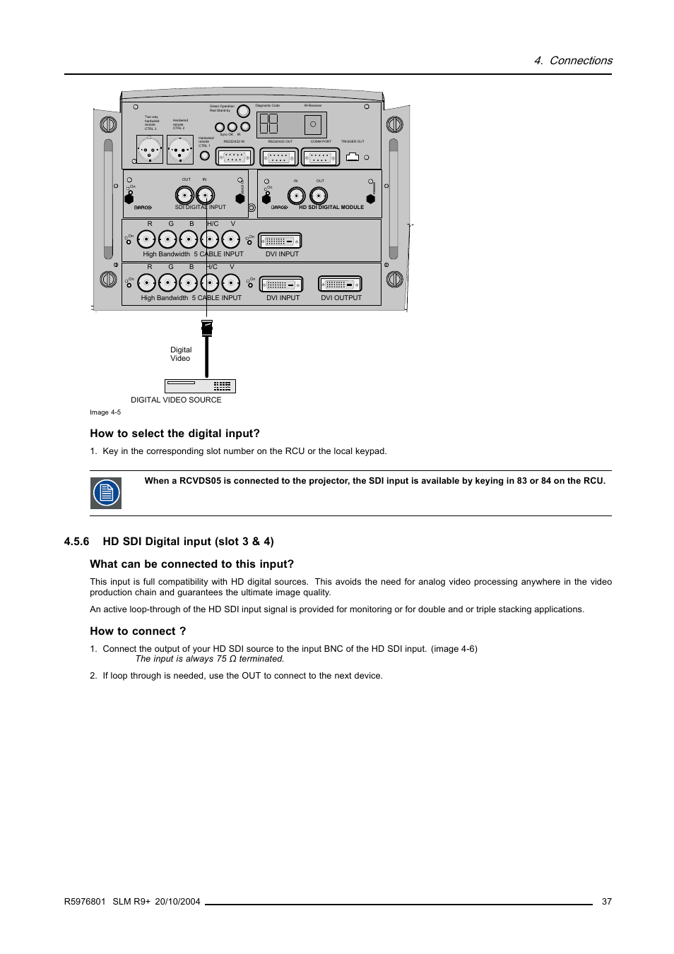 6 hd sdi digital input (slot 3 & 4), Hd sdi digital input (slot 3 & 4), Connections | How to select the digital input, How to connect | Barco R9010310 User Manual | Page 41 / 135