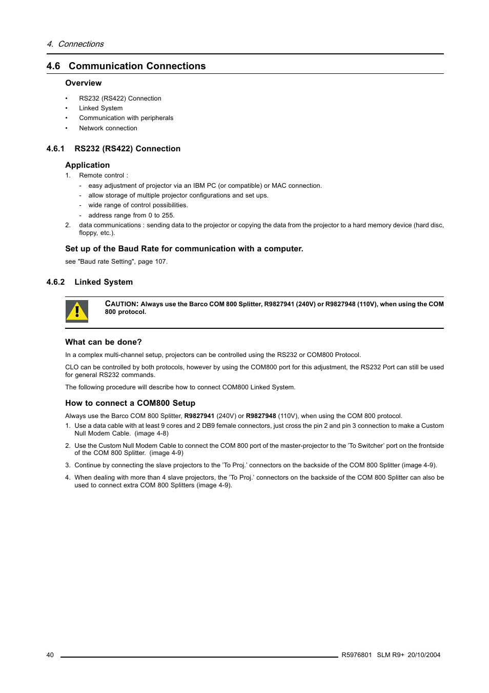 6 communication connections, 1 rs232 (rs422) connection, 2 linked system | Communication connections, Rs232 (rs422) connection, Linked system | Barco R9010310 User Manual | Page 44 / 135