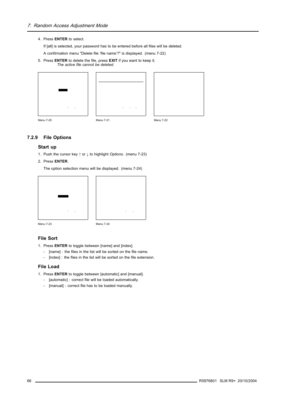 9 file options, File options, Menu 7-20 | Menu 7-21), Random access adjustment mode, 9 file options start up, File sort, File load | Barco R9010310 User Manual | Page 70 / 135