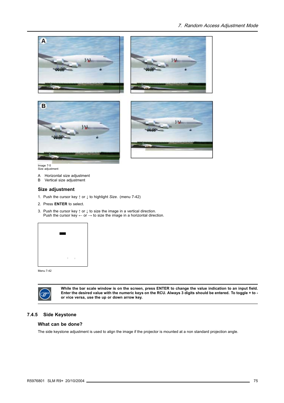 5 side keystone, Side keystone, Random access adjustment mode | Size adjustment, 5 side keystone what can be done | Barco R9010310 User Manual | Page 79 / 135