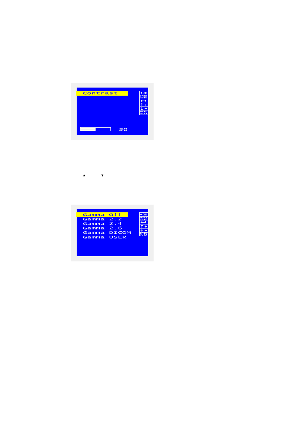 4 contrast menu, Figure 13: contrast menu, 5 gamma menu | Figure 14: gamma menu | Barco LC-5621 User Manual | Page 36 / 59