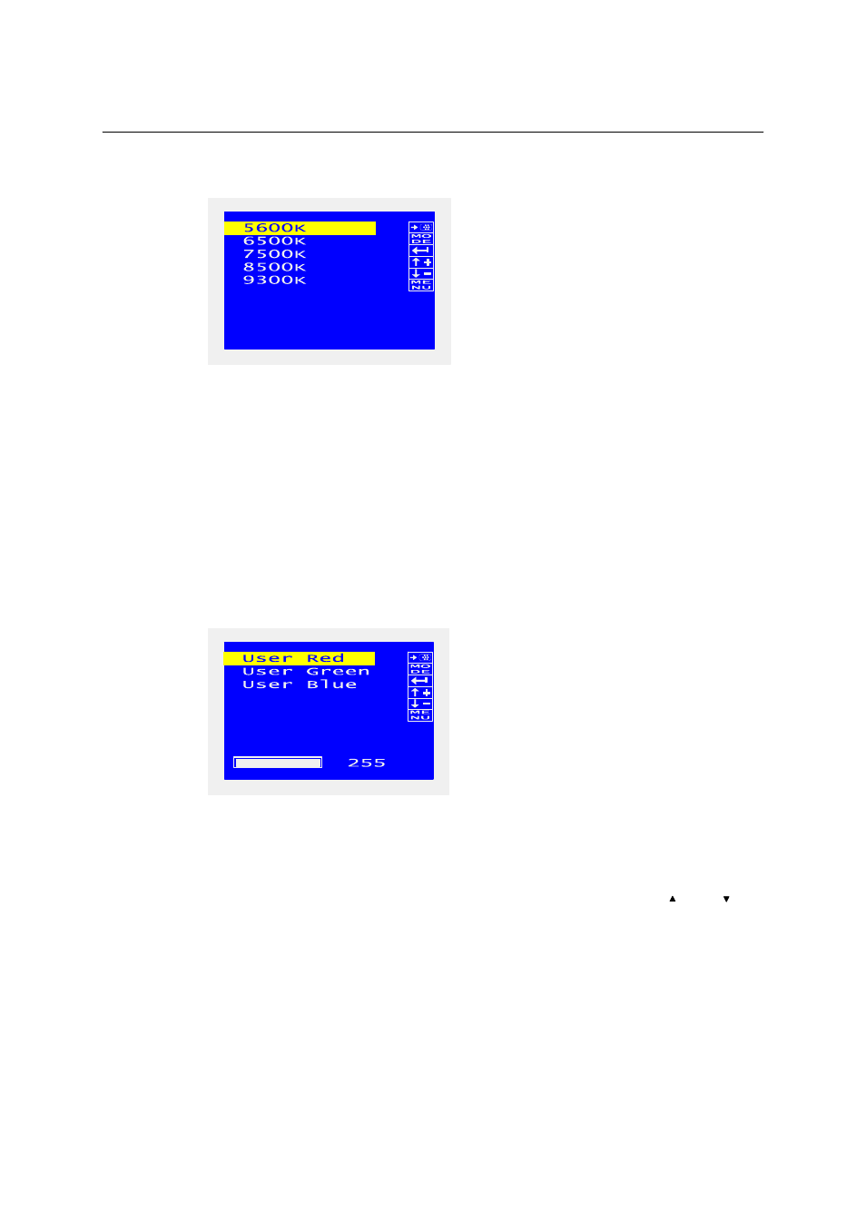 6 color temp menu, Figure 15: color temp menu, 7 user color menu | Figure 16: user color menu | Barco LC-5621 User Manual | Page 37 / 59