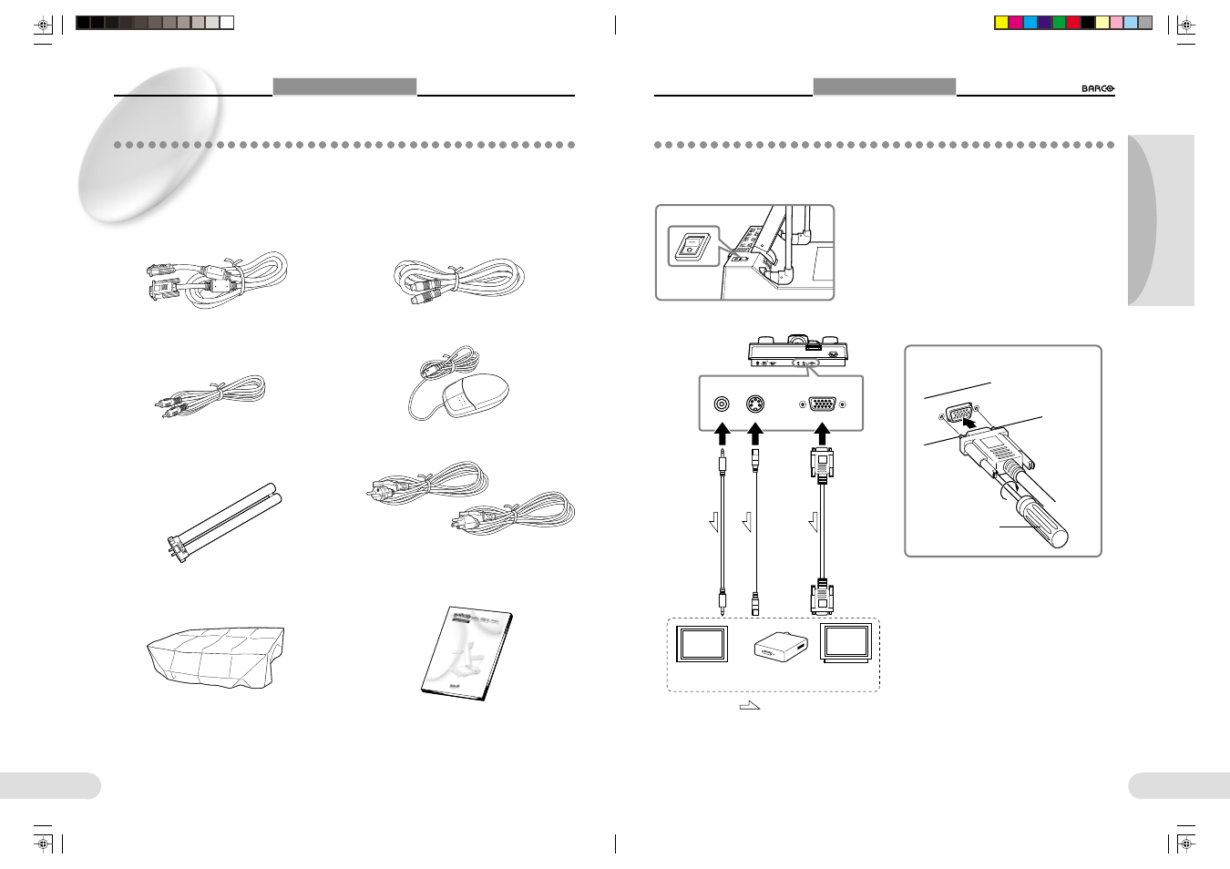 Standard components, Connecting a projector and monitor, 13 12 preparations others opreation | Barco 1280 User Manual | Page 11 / 26