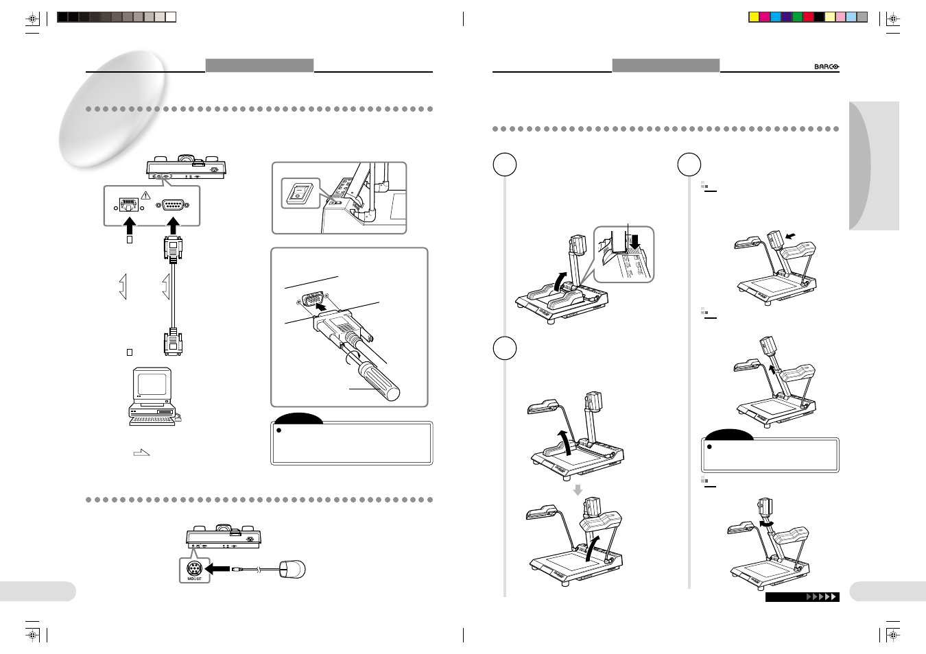 Raising the camera head and light arms, Connecting a pc/ethernet, Connecting the mouse | Barco 1280 User Manual | Page 12 / 26