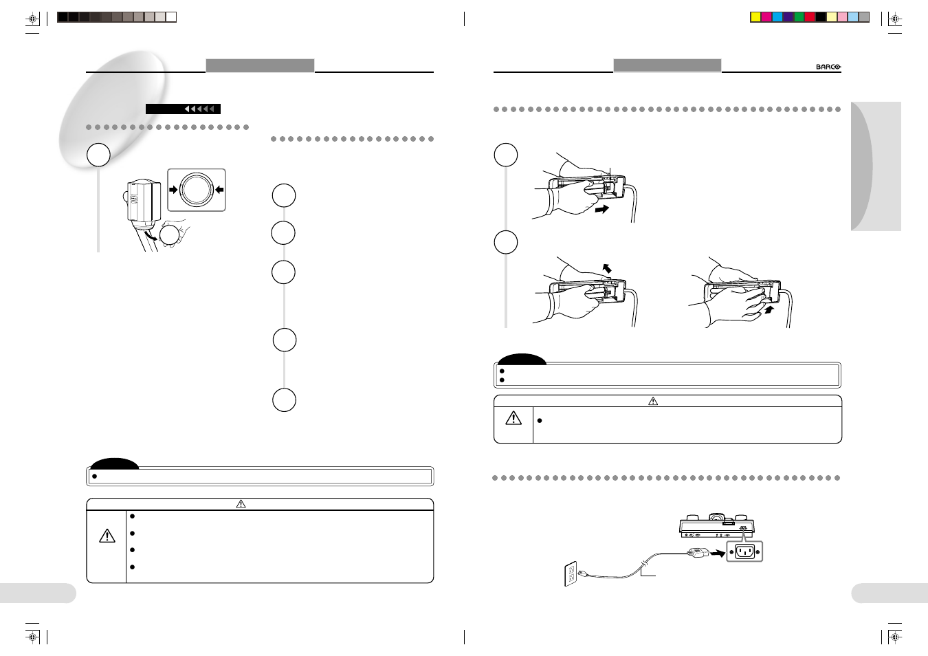 Attaching the fluorescent lamps, Connecting the power cord | Barco 1280 User Manual | Page 13 / 26