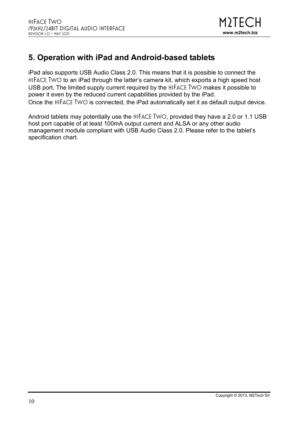 M2tech, Operation with ipad and android-based tablets | M2TECH hiFace Two User Manual | Page 10 / 31