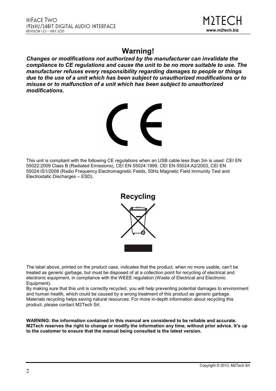 M2tech, Warning, Recycling | M2TECH hiFace Two User Manual | Page 2 / 31
