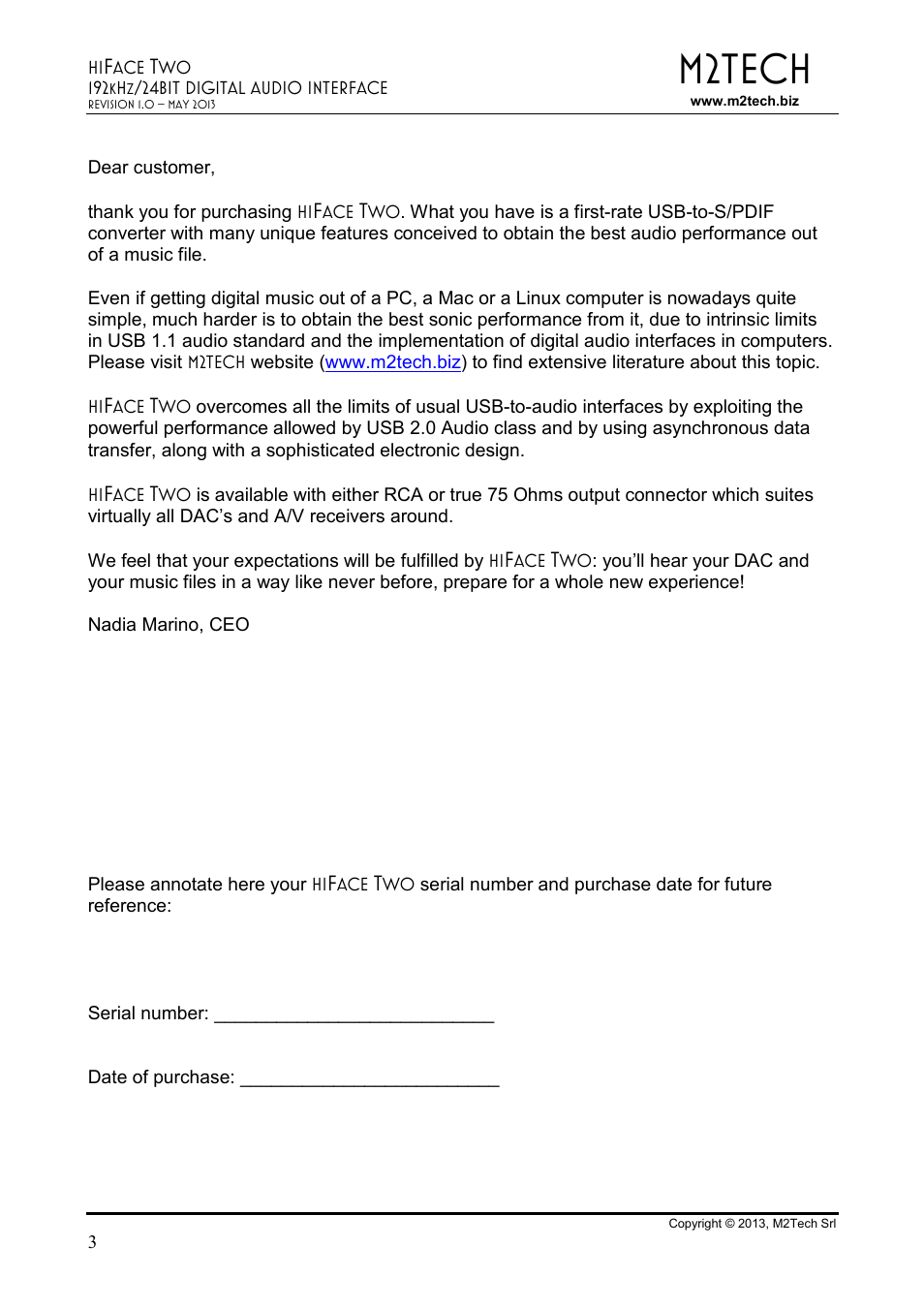 M2tech | M2TECH hiFace Two User Manual | Page 3 / 31