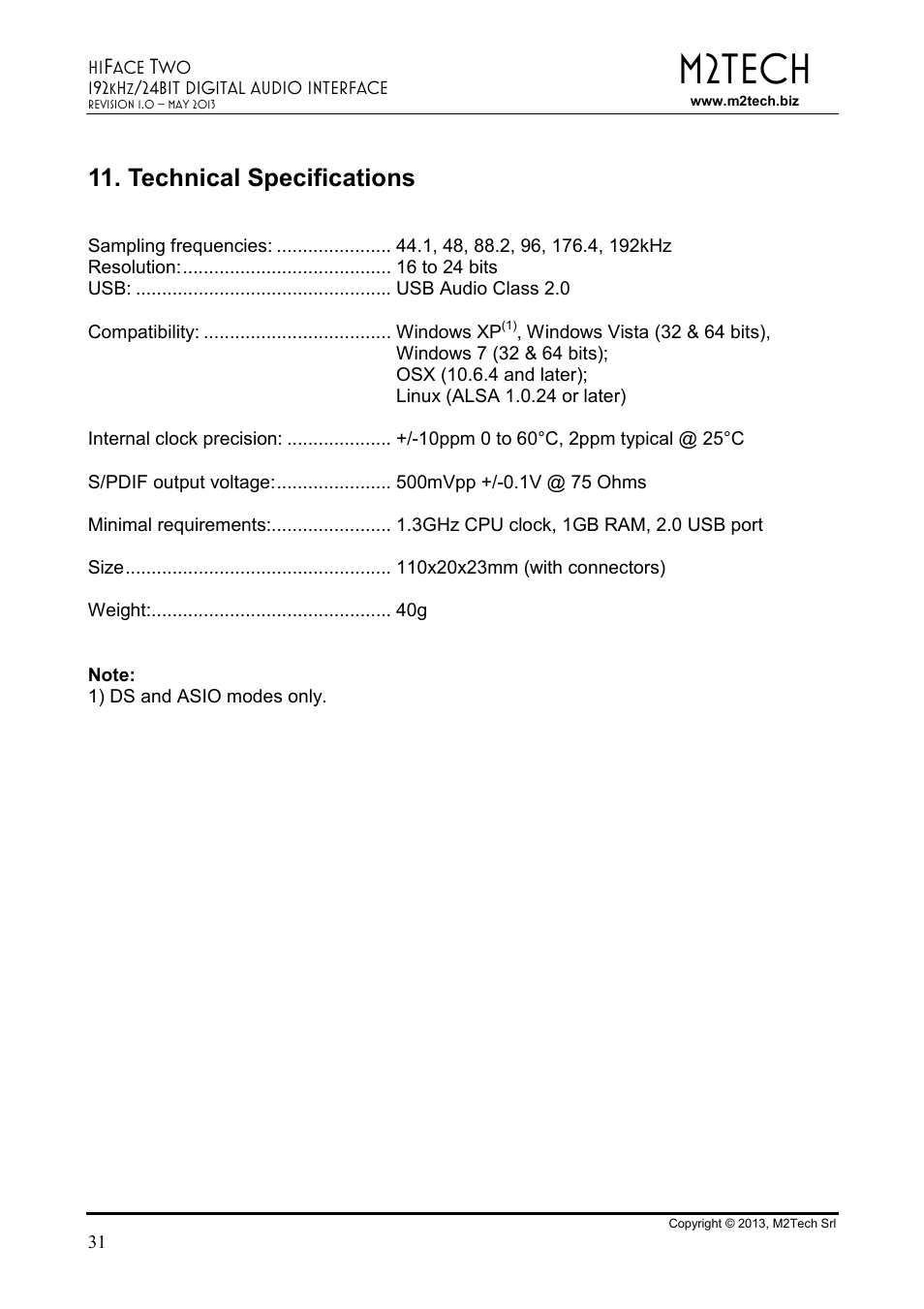 M2tech, Technical specifications | M2TECH hiFace Two User Manual | Page 31 / 31