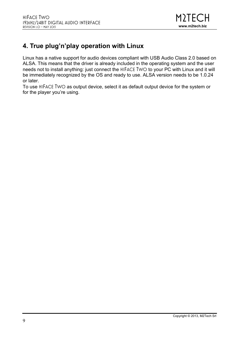 M2tech, True plug’n’play operation with linux | M2TECH hiFace Two User Manual | Page 9 / 31