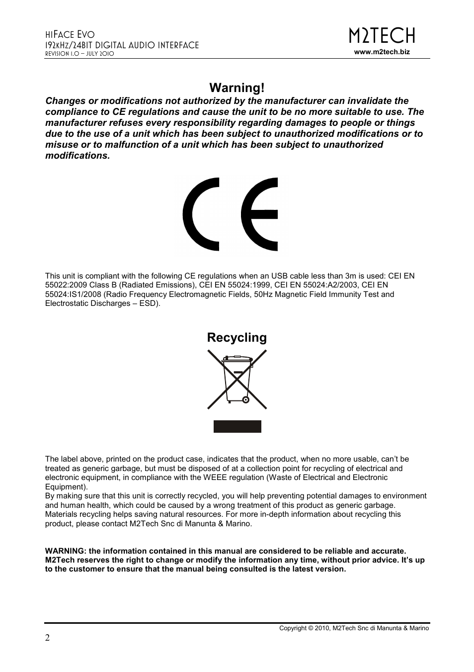 M2tech, Warning, Recycling | M2TECH hiFace Evo User Manual | Page 2 / 23