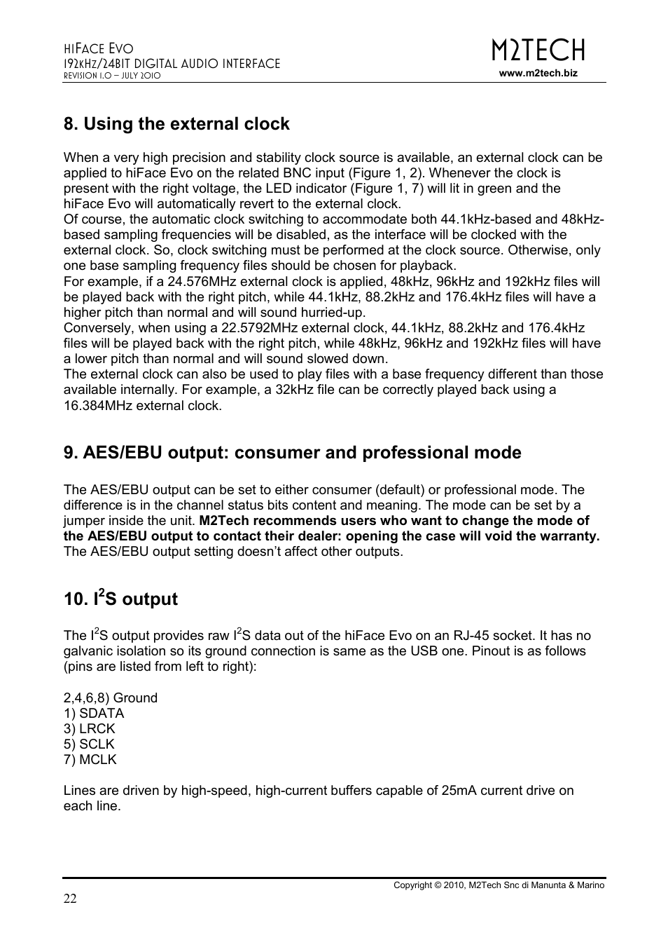 M2tech, Using the external clock, Aes/ebu output: consumer and professional mode | S output | M2TECH hiFace Evo User Manual | Page 22 / 23
