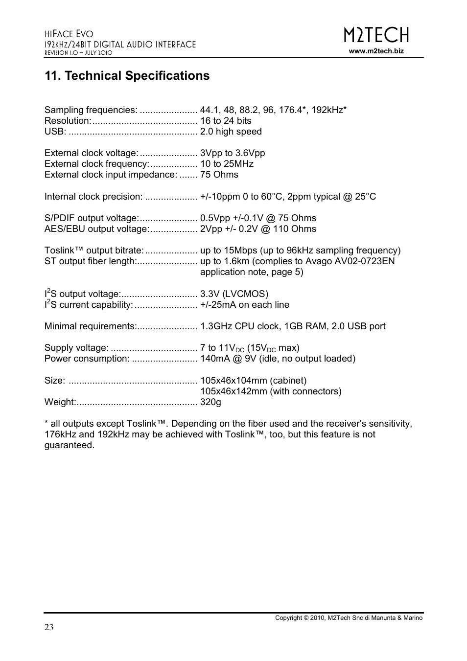 M2tech, Technical specifications | M2TECH hiFace Evo User Manual | Page 23 / 23