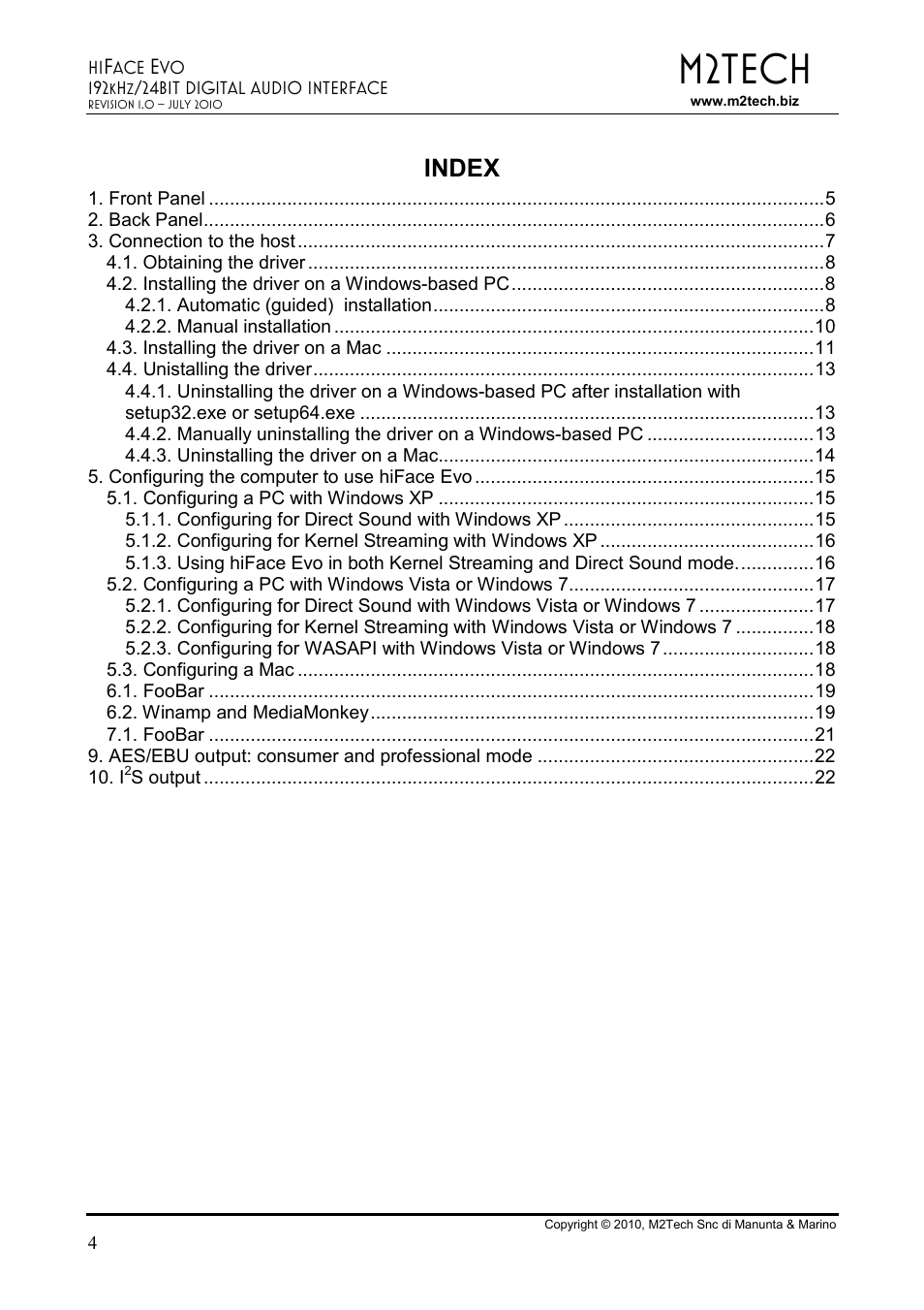 M2tech, Index | M2TECH hiFace Evo User Manual | Page 4 / 23