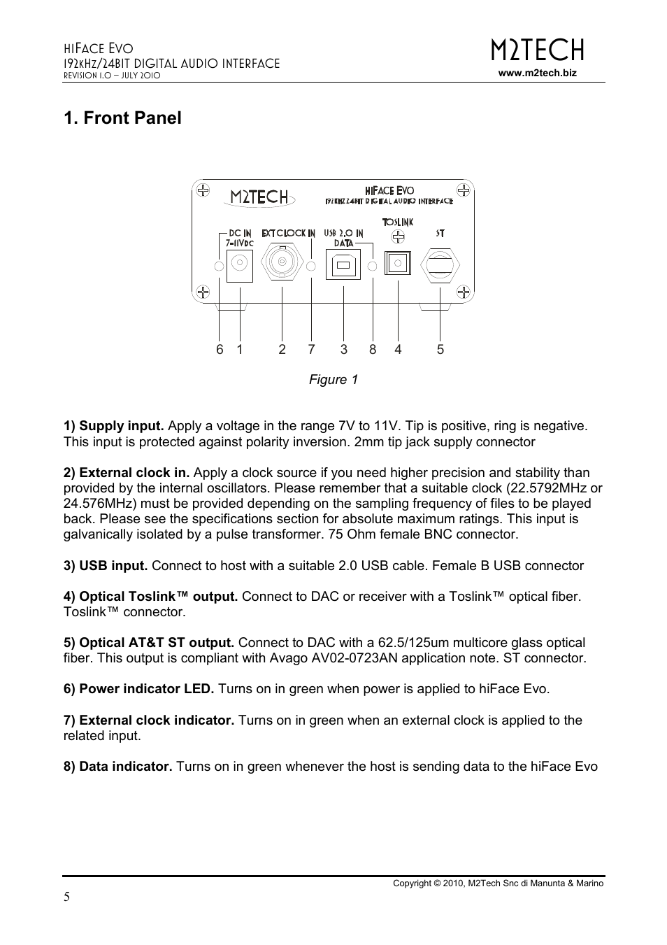 M2tech, Front panel | M2TECH hiFace Evo User Manual | Page 5 / 23