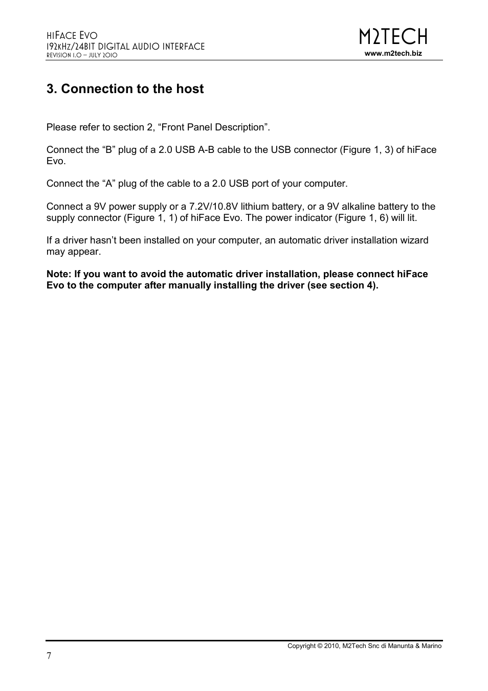 M2tech, Connection to the host | M2TECH hiFace Evo User Manual | Page 7 / 23