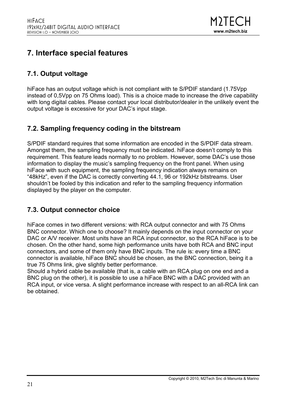 M2tech, Interface special features | M2TECH hiFace User Manual | Page 21 / 22