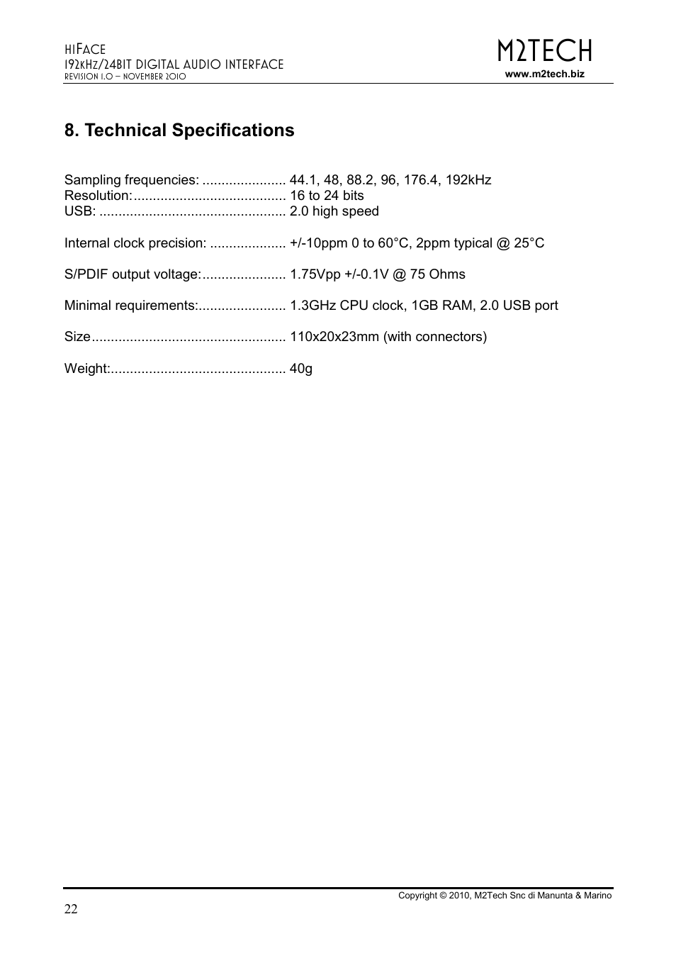 M2tech, Technical specifications | M2TECH hiFace User Manual | Page 22 / 22