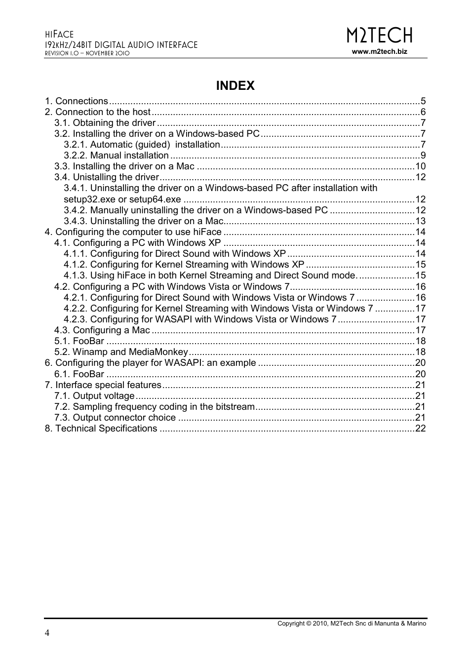 M2tech, Index | M2TECH hiFace User Manual | Page 4 / 22