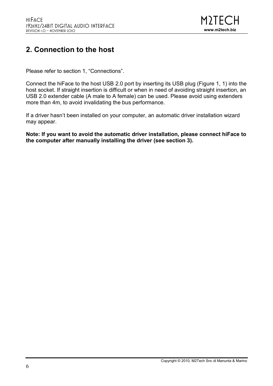 M2tech, Connection to the host | M2TECH hiFace User Manual | Page 6 / 22