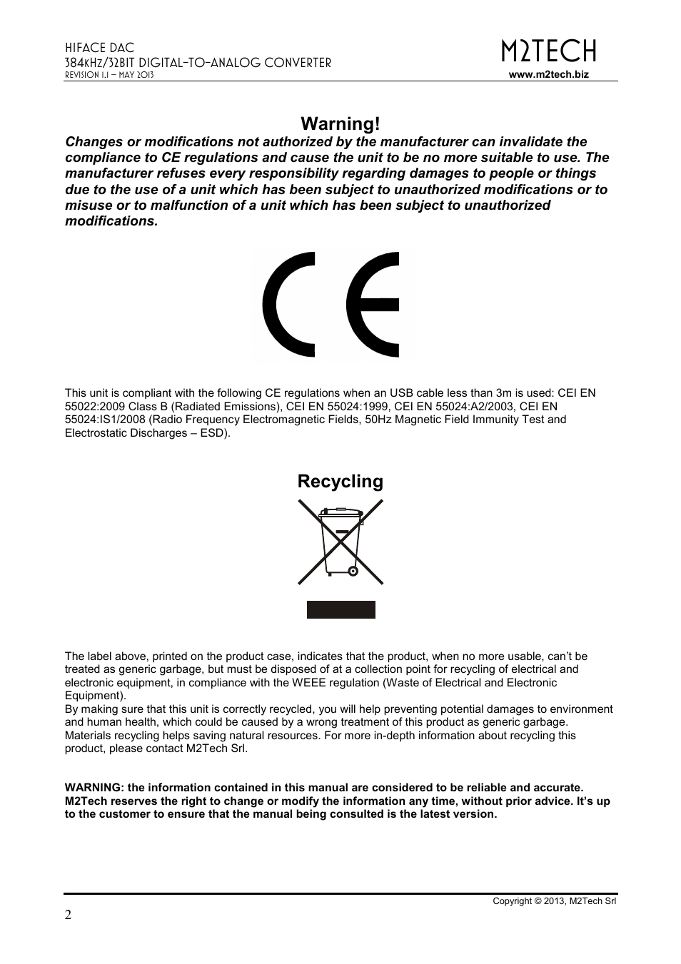 M2tech, Warning, Recycling | M2TECH hiFace Dac User Manual | Page 2 / 32