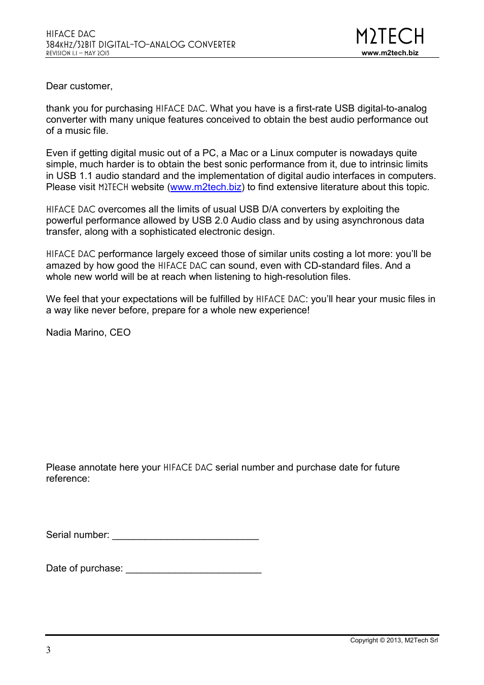 M2tech | M2TECH hiFace Dac User Manual | Page 3 / 32